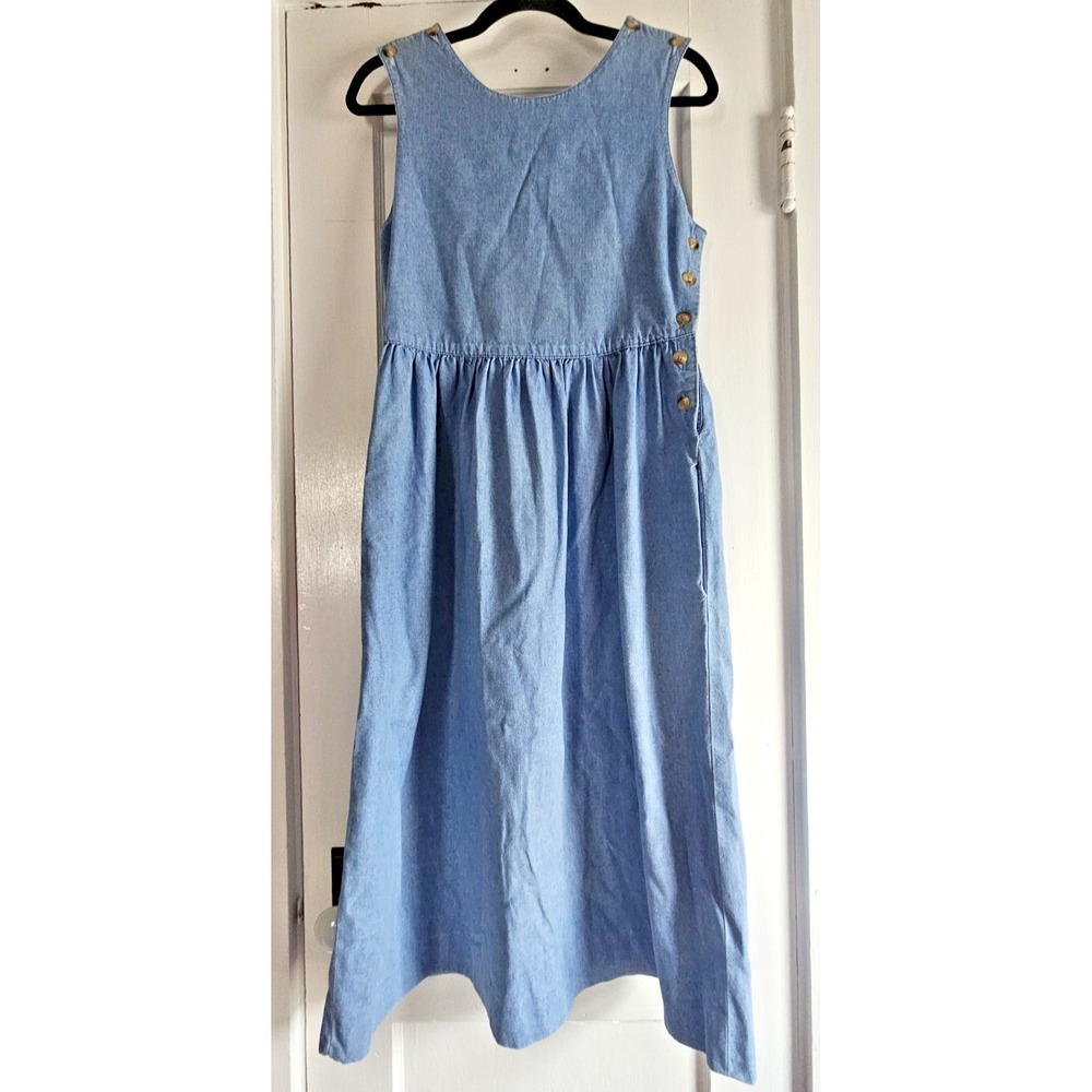Vtg LANDS' END‎ S denim jumper dress gathered waist side button pocket USA made